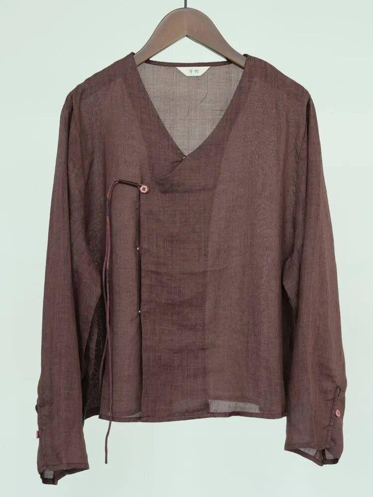 Johnature Camicie vintage da donna in ramia con scollo a V, maniche lunghe, bottoni, camicette autunnali, camicie a tinta unita autunnali