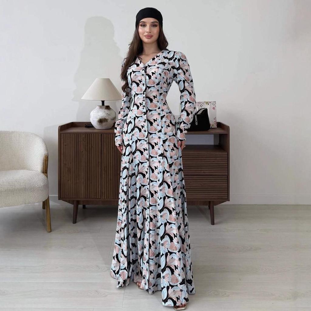 Elegant Retro Print Waist-Gathered Dress - Autumn 2025 Collection: European & American Style for Women