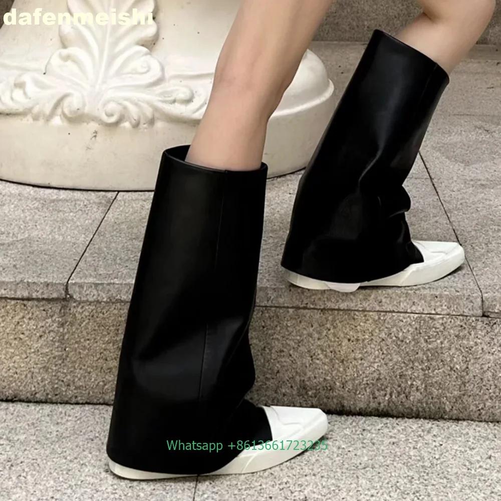 

Fashion Black Leather Pointed Toe Flats Boots 2025 New Autumn Winter Fashion Knee-High Boots Turned-Over Edge Slip On Mid-Calf Boots 35