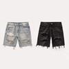 Men Summer Distressed Denim Shorts Button Zipper Fly Multi Pockets Short Jeans Straight Fit Ripped Holes Knee Length Distressed Denim Shorts