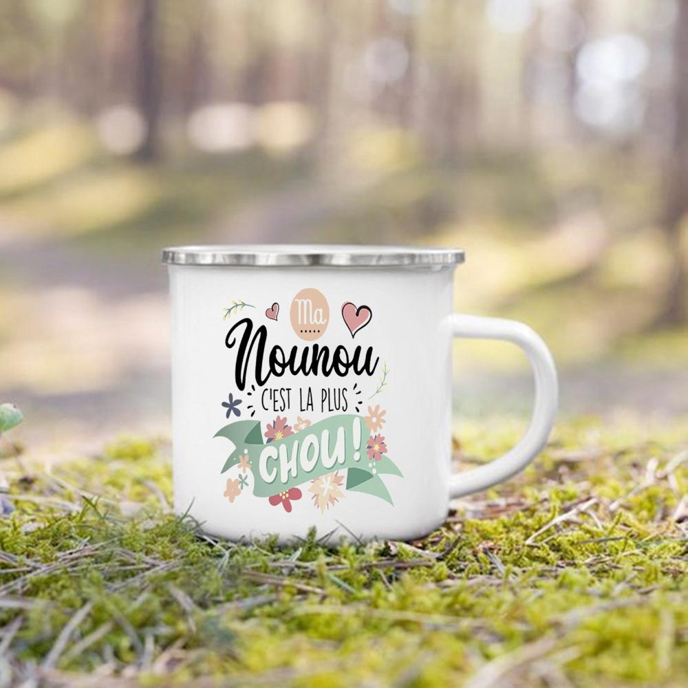 Thank You Nounou French Printed Enamel Mugs Coffee Cups Drink Wine Juice Mug Dessert Cocoa Milk Handle Cup Best Gift for Nounou