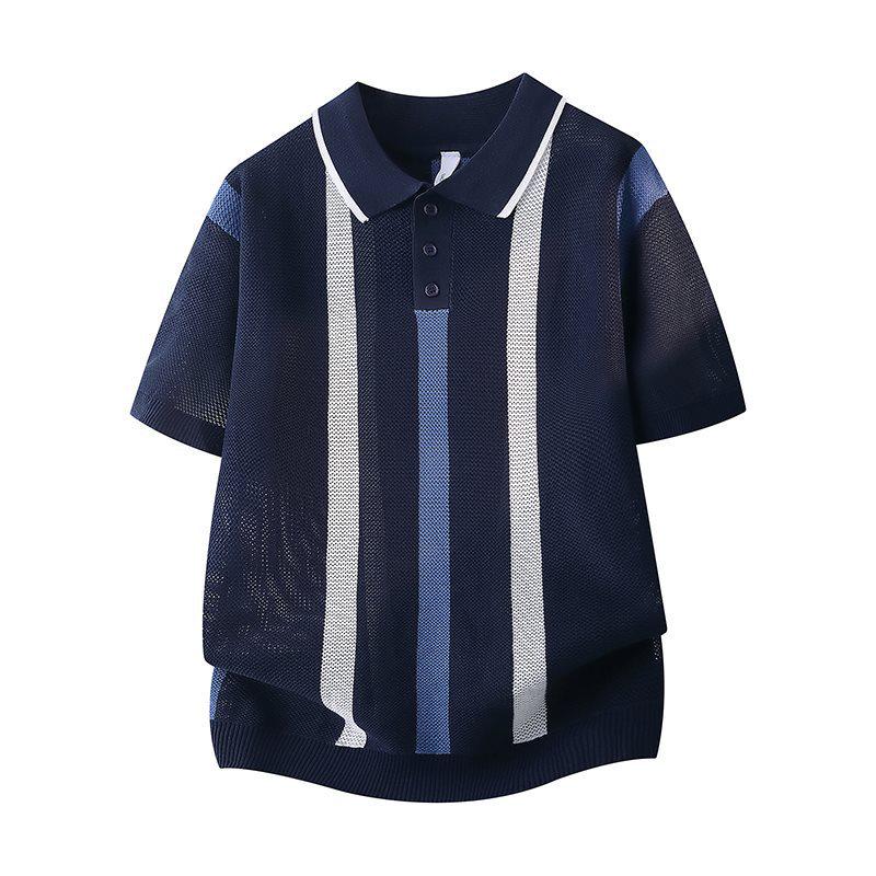 2026 Men s Trendy Striped Color Block Knit Polo 2XL