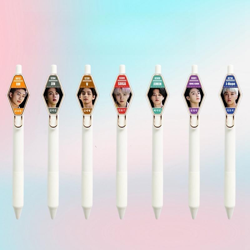 7pcs BTS Idol Portrait Gel Pen, Retractable Pen with Member Photo & Birthday Design, Kpop Fans Collectible Stationery