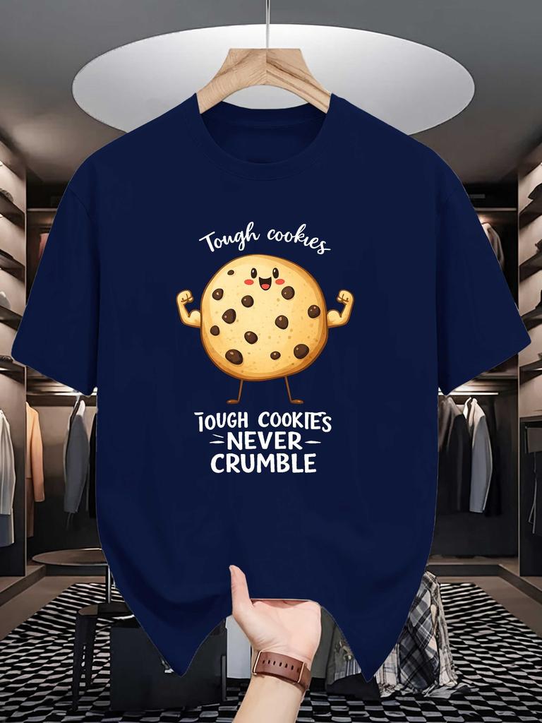 Unisex Navy Blue Tee Muscular Cookie Cartoon Food Letter Graphic Print Crew Neck Short Sleeve Summer Casual Male Cotton Street Top