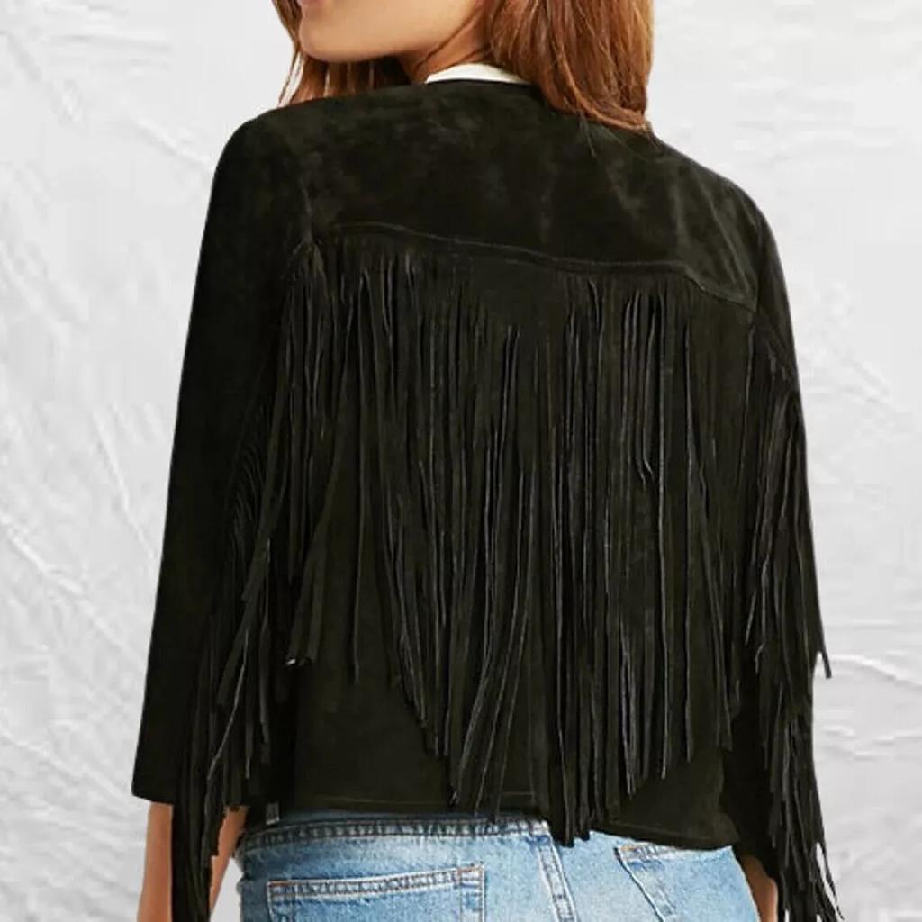 AL KHALID Handmade Black Motorcycle Genuine Lambskin Suede Leather Fringed Jacket Women