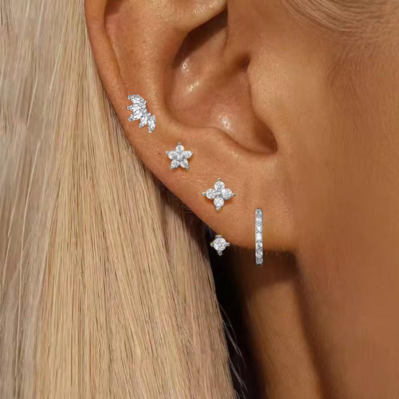 4PCS Fashion Zircon Round Hoop Earring Set Women Temperament Flower Ear Stud Huggie Earring Tragus Piercing Cartilage Jewelry