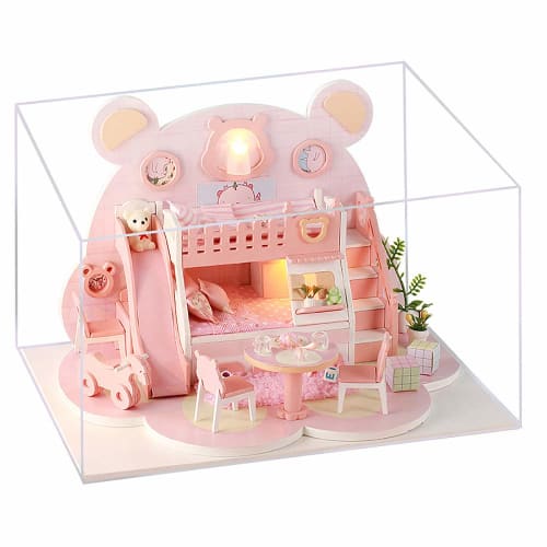 moin moin 1/24 scale dollhouse [Japanese instruction manual] Miniature DIY handmade kit set with bear, pink | LED light + acrylic case ([Japanese] Bea
