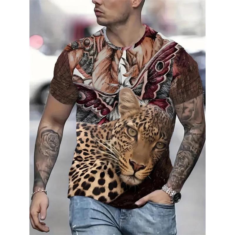 Men's T-shirt Men's Fashion Leopard Print Animal Print Casual Short Sleeved Round Neck T-shirt Loose Top