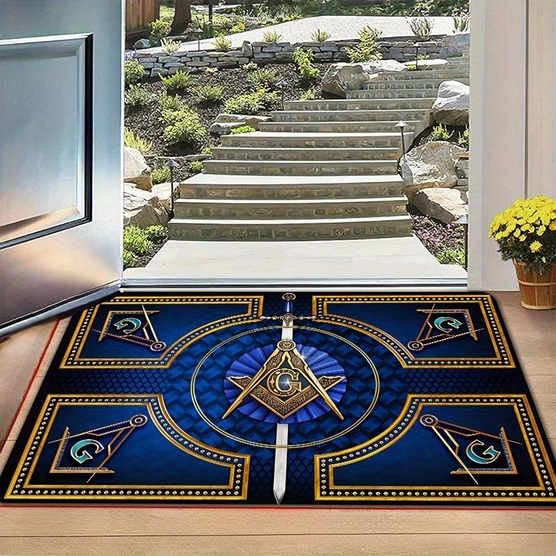 

Blue Gold Masonic Symbol Compass Square Print Carpet Plush Flannel Rug Living Room Bedroom Home Decor Area Rug Non Slip Mat 40x60cm