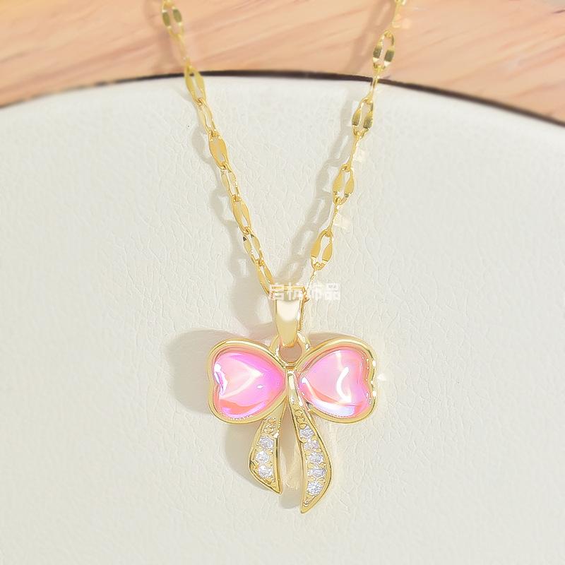 Bow Necklace Women'S Light Luxury Simple Magic Stone Pendant