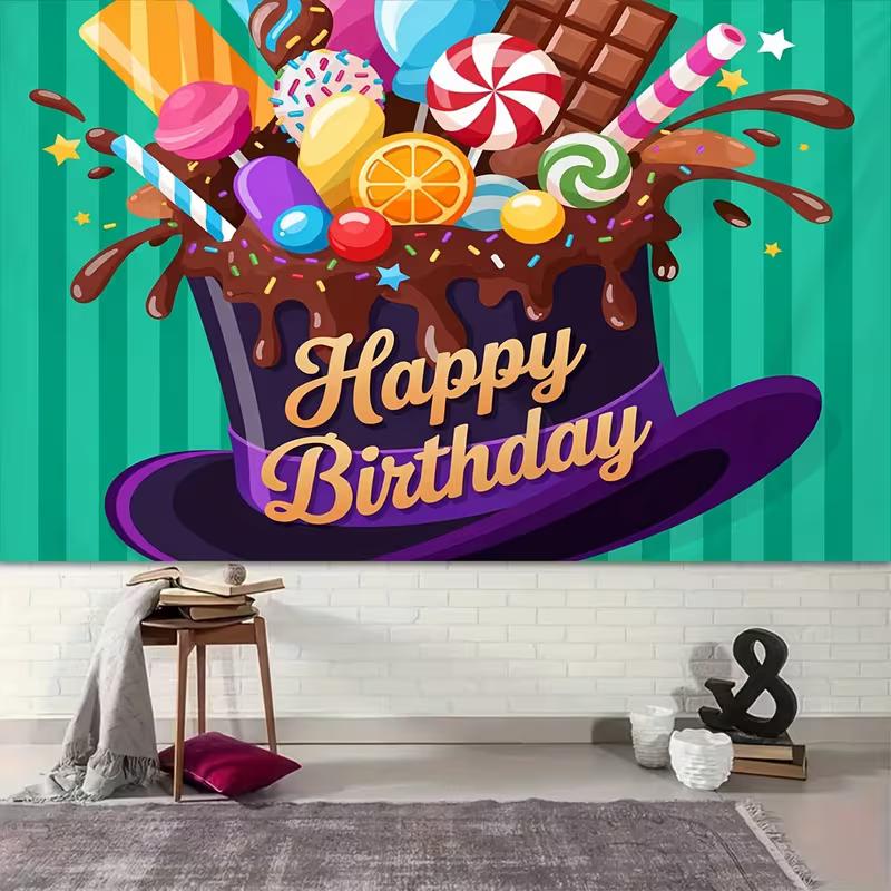 2D Candy Hat Happy Birthday Backdrop Willy Wonka Style Party Photo Background