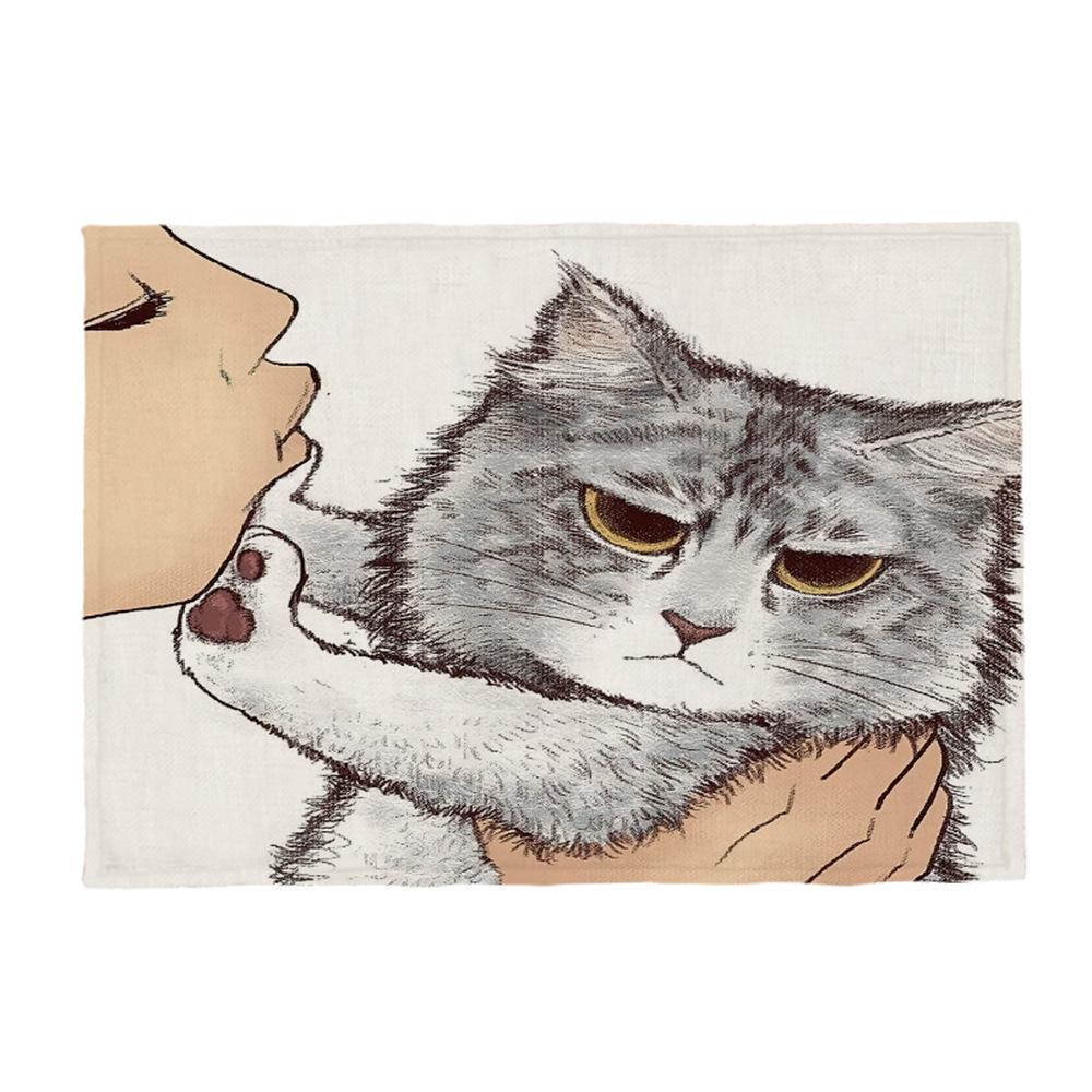 Kočičí lněná podložka na stůl Roztomilý odmítá políbit Prostírání s kresleným vzorem Dekorace na kuchyňský stůl Mat