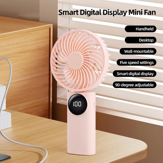 Portable Handheld Mini Fan 1200mAh Rechargeable 5 Speeds Personal Travel Fans with Digital Display 90 Degree Foldable Desk Fan for Outdoor