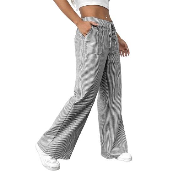 

Women Long Pants Elastic Waist Striped Design Straight Wide Leg Trousers with Pockets Relaxed Fit Leisure Pants XXL сірий