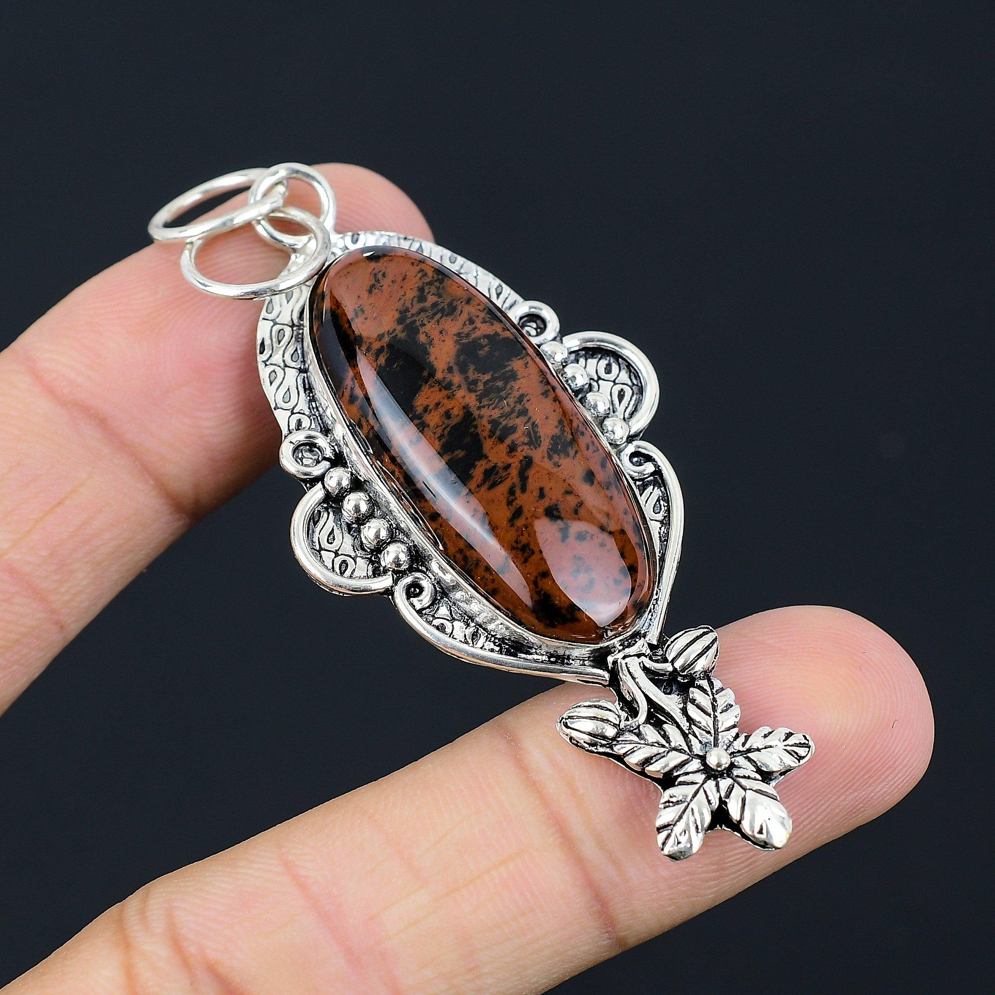 Friendship Day Deal Mahogany Obsidian Stone Flower Daughter Pendant 925 Silver