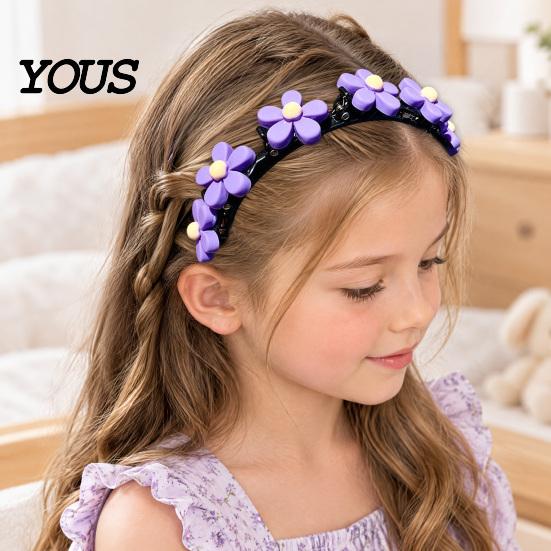 Stylish Headbands for Ponytails Flower Headband Girls, Cute Braided with Mini Hair Clips, Non-Slip Cartoon Bands Teens Double Layer Band,