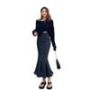 Elegant Woman Black Split Fishtail Female High Waist Elastic Slim Package Hip Ruffles In Long Versatile Comfortable Fashion Denim Bustier Skirt