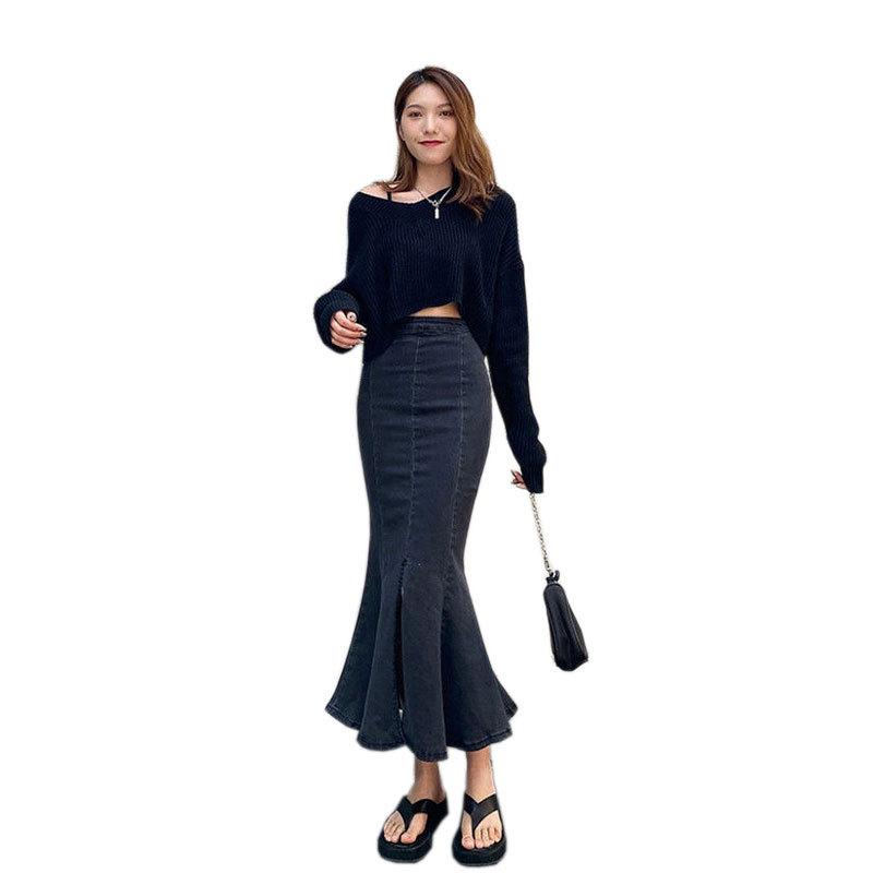 Elegant Woman Black Split Fishtail Female High Waist Elastic Slim Package Hip Ruffles In Long Versatile Comfortable Fashion Denim Bustier Skirt