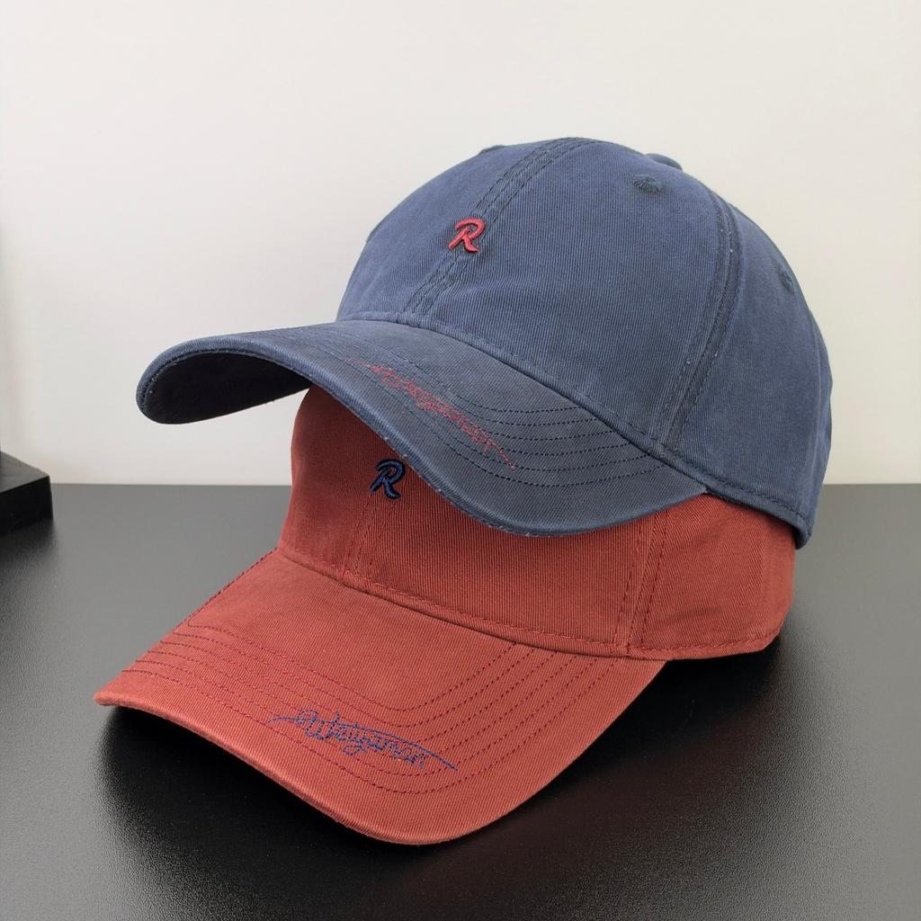 Fashion Hat Korean version embroidery R letter Weiya man pure cotton soft top baseball cap women's big head circumference shows face small shade cap
