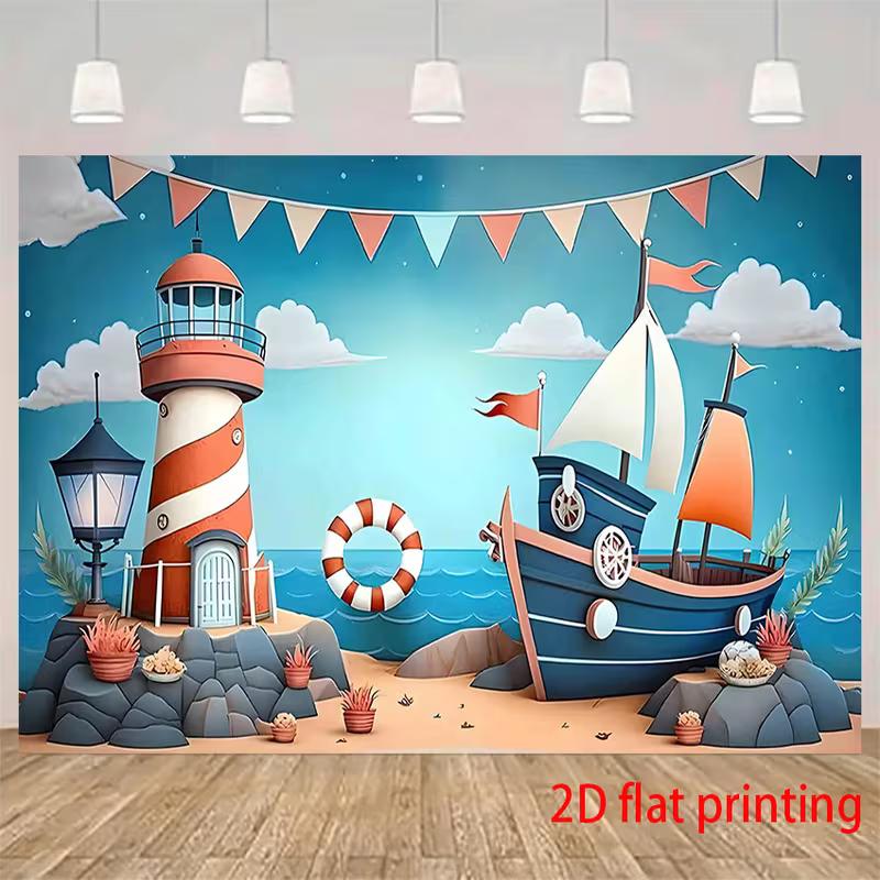 2D Lighthouse Sailboat Beach Backdrop Kids Ocean Themed Photography Background