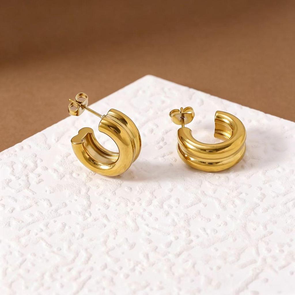 French Retro Stainless Steel Double Hoop Earrings - Colorfast & Versatile for Everyday Wear