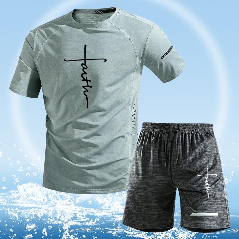 Men s Summer Sportswear Short Sleeve Shorts two-piece Set Ice Silk T shirt and short Pants Suit Male Tracksuit Fitness Clothing XS