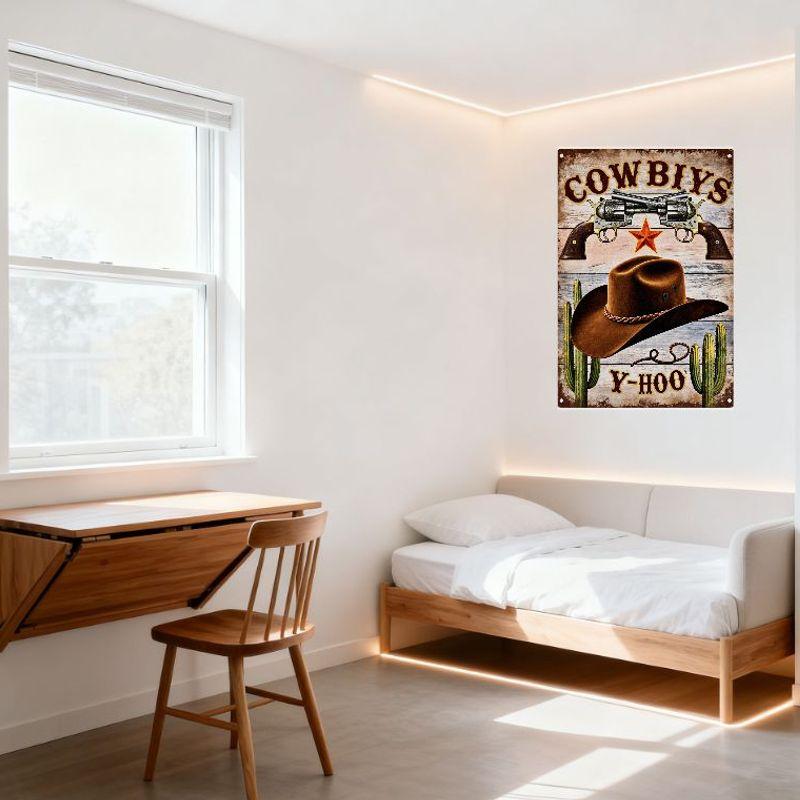 Vintage Cowboy Metal Tin Sign with Revolvers, Hat, Cacti - Western Themed Wall Decor for Man Cave Bar Cafe Home Decoration