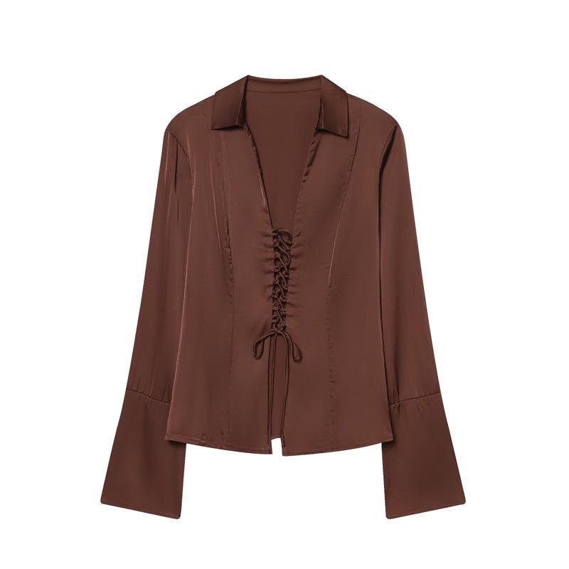 

Elegant Vintage Satin V-Neck Lace-Up Long-Sleeve Top for Women M коричневий