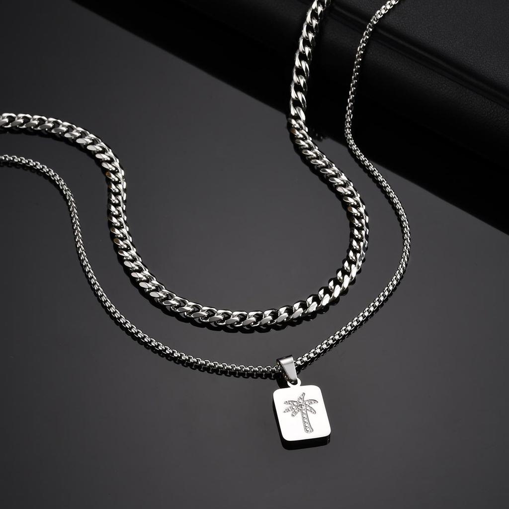 Stilvolle Herren-Mehrlagenkette, Wasserdichte Quadratische Metallkette aus Edelstahl mit Mini-Zirkonia, Hip-Hop Gestapelter Kragen Geschenk