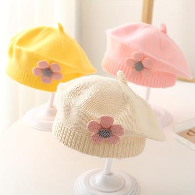 1 Stück Dehnbare Strick-Baskenmütze für 0-2 Jahre - Weiche Warme Wintermütze mit Blumenschmuck, Faltbares Weihnachts-Feiertags-Outfit