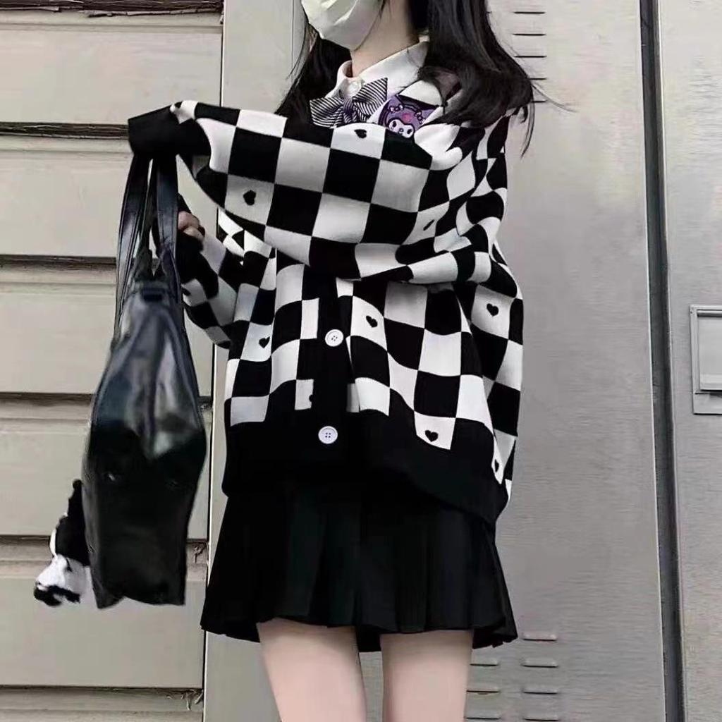 Women's Trendy Checkerboard Soft Loose Niche Sweater Cardigan for Autumn & Winter