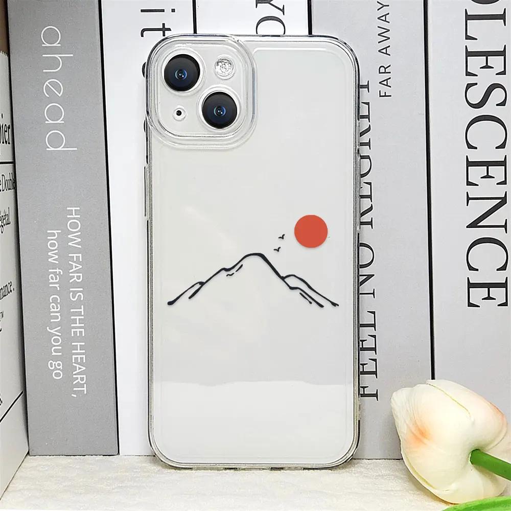 Line Mountain Scenery Phone Case for IPhone 16 Pro Max 11 12 13 Mini XS MAX X 7 8 14 15 Plus Cases Simple Sun Moon Couples Cover