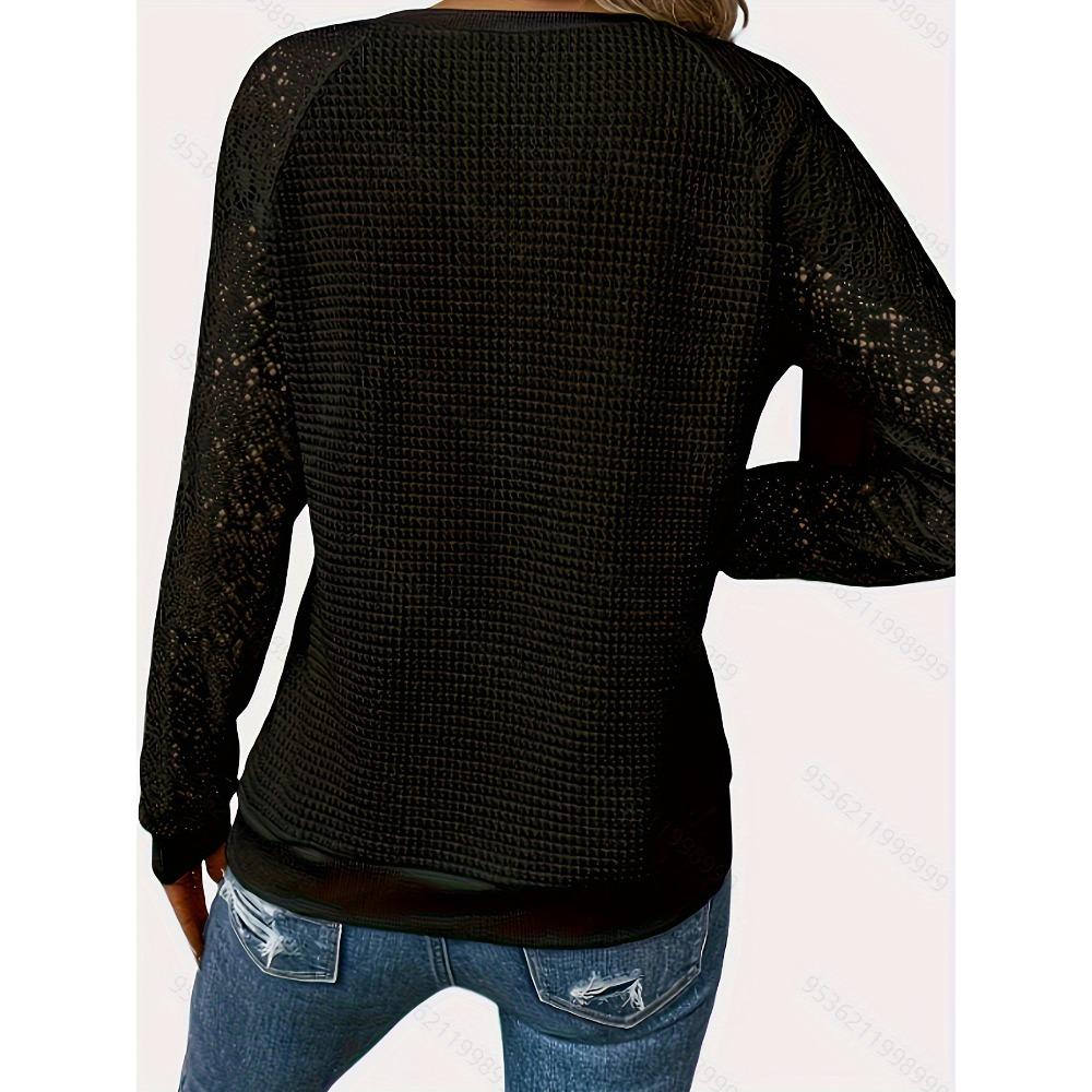 Women Solid Color Lace Long Sleeve Hollow Out Crew Neck Casual T-shirt Blouse Tops