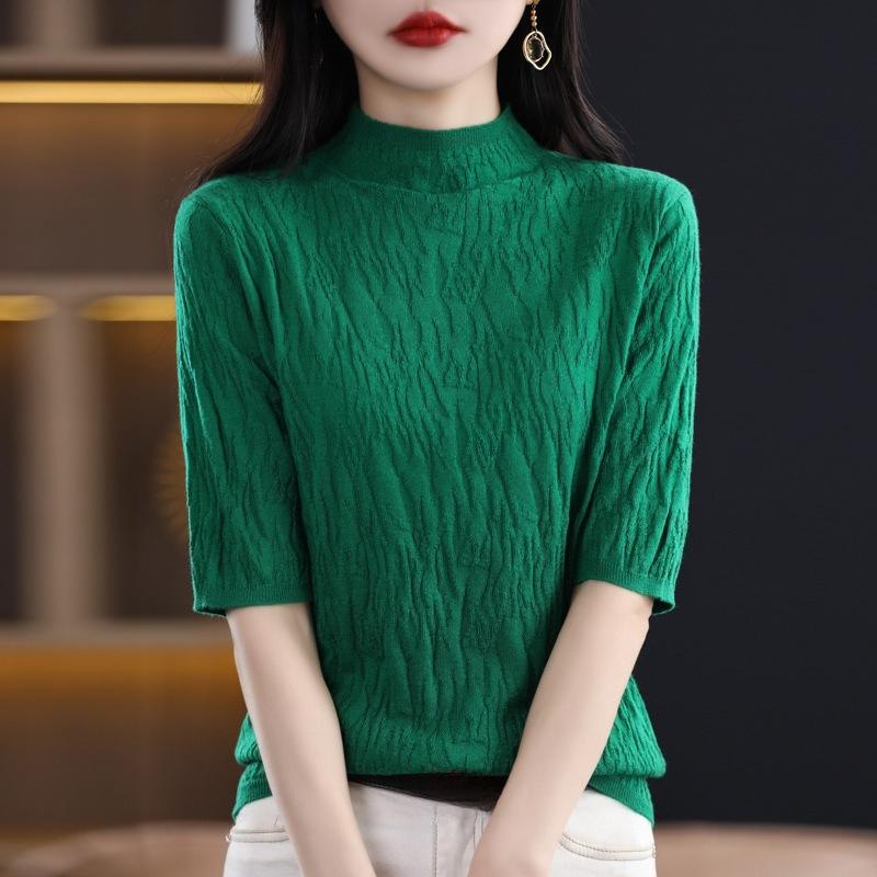 Women's Tight Fitting Knitted Turtleneck Sweater with Short Sleeves for Spring Autumn Versatile Undergarment