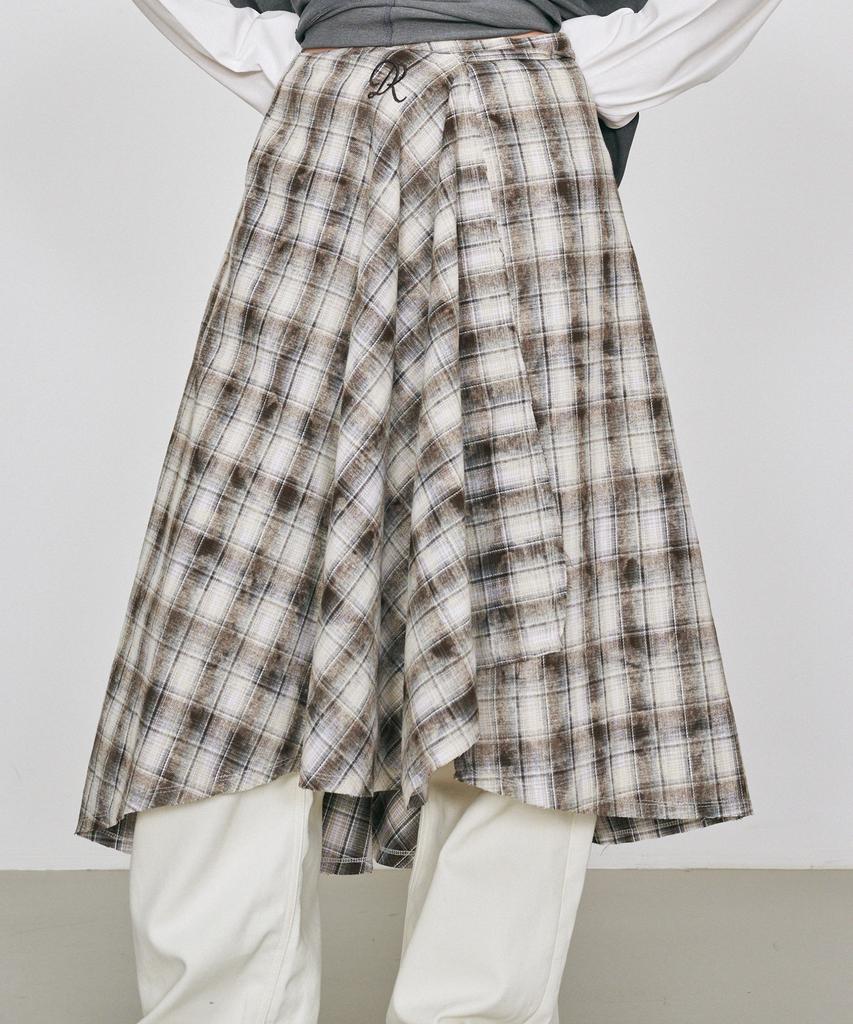 Dieomaidieo Check Drape Fringe Wrap Skirt (Brown)