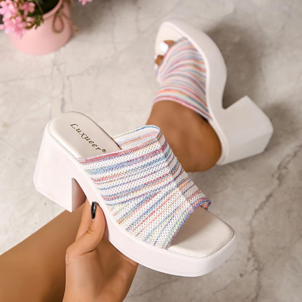 Fashion Comemore Mix Color Knitted Mesh Slippers Women Summer Chunky Platform High Heels Sandals Women White Thick Heeled Shoes Slippers