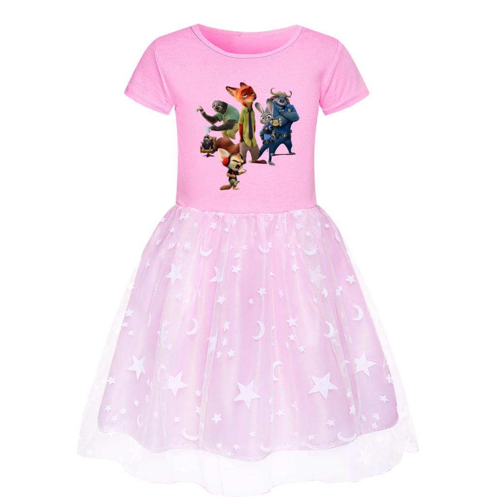 Rochie Casual din Bumbac cu Mâneci Scurte pentru Fete, cu Imprimeu Vulpe Iepure, Plasă Curcubeu, Gât Rotund