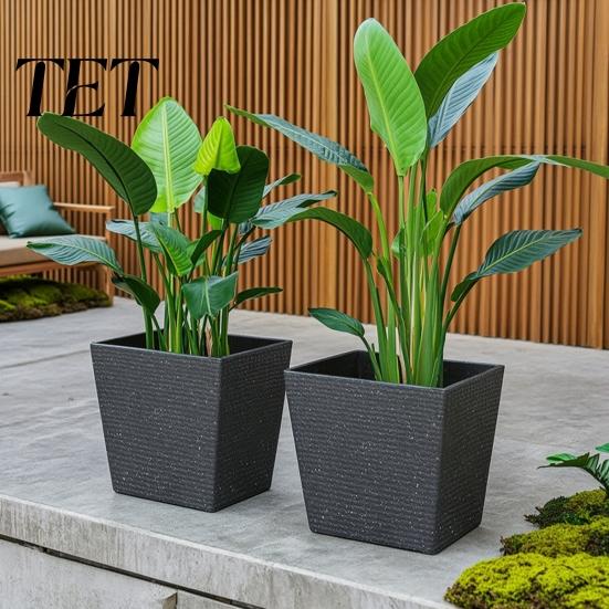 Heavy Duty Garden Pot Square Plastic Flower Pot, Stone-Look Planter with Drainage Hole, Modern Plant Minimalist Style Container for Indoor Outdoor