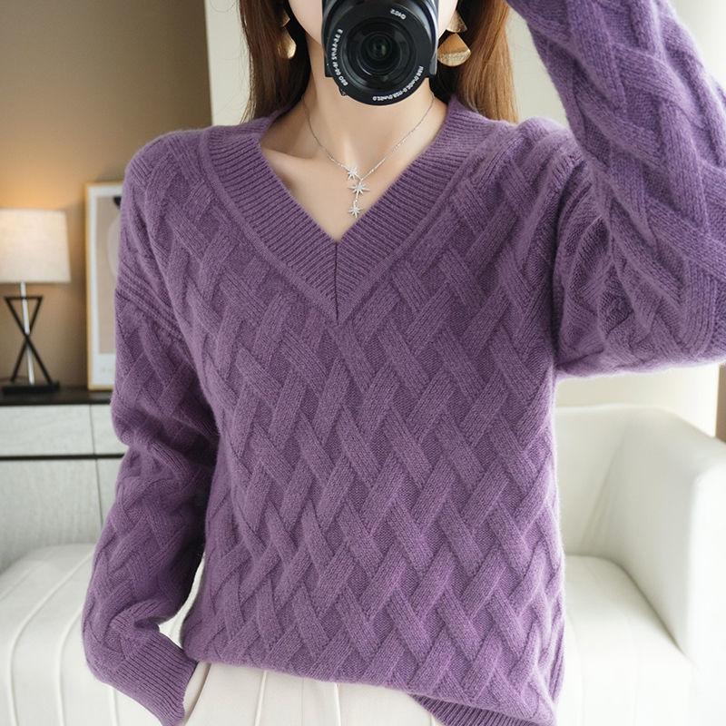 V-neck Sweater Women's Autumn and Winter Sweater Long-sleeved Pullover Loose Solid Color Jacquard Knitted Sweater Top