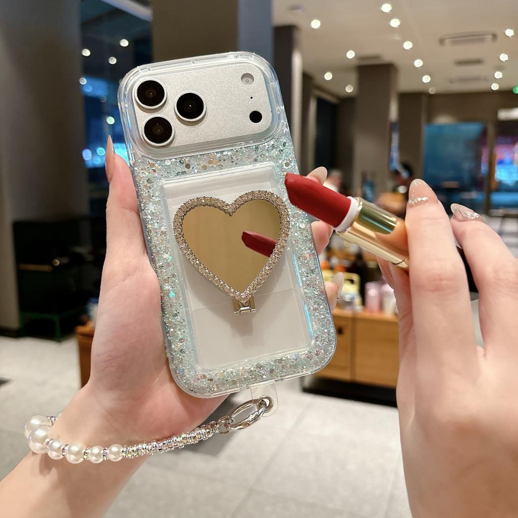 Applicable to Apple 17proMax glitter bread shell love mirror + bracelet 16 protective case 15 mobile phone case material