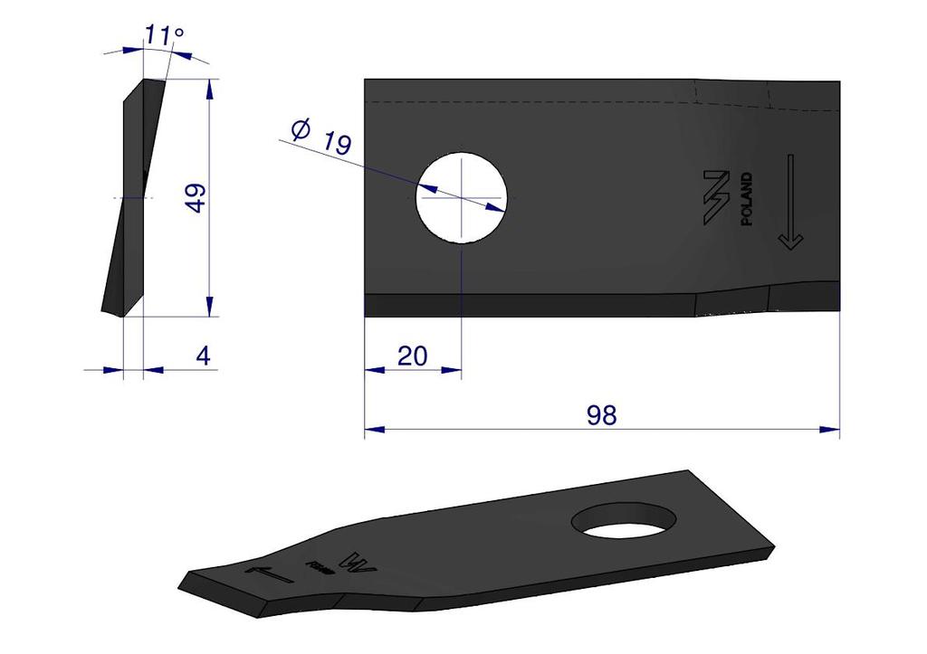 Right mower blade 98x48x4mm hole 19 application 121713 Fella WARYŃSKI (sold in 25 pieces)