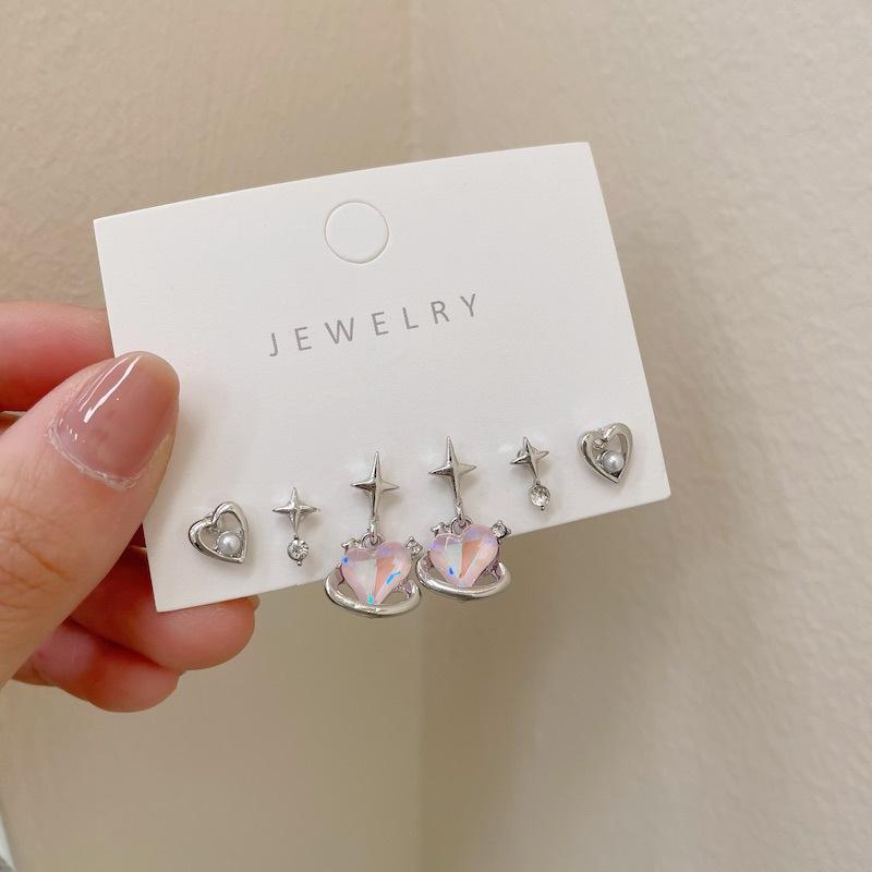 

6pcs/set Women Silver Color Pink Crystal Heart Stud Earring Korean Trendy Punk Sweet Cool Bow Star Earring Aesthetic Jewelry