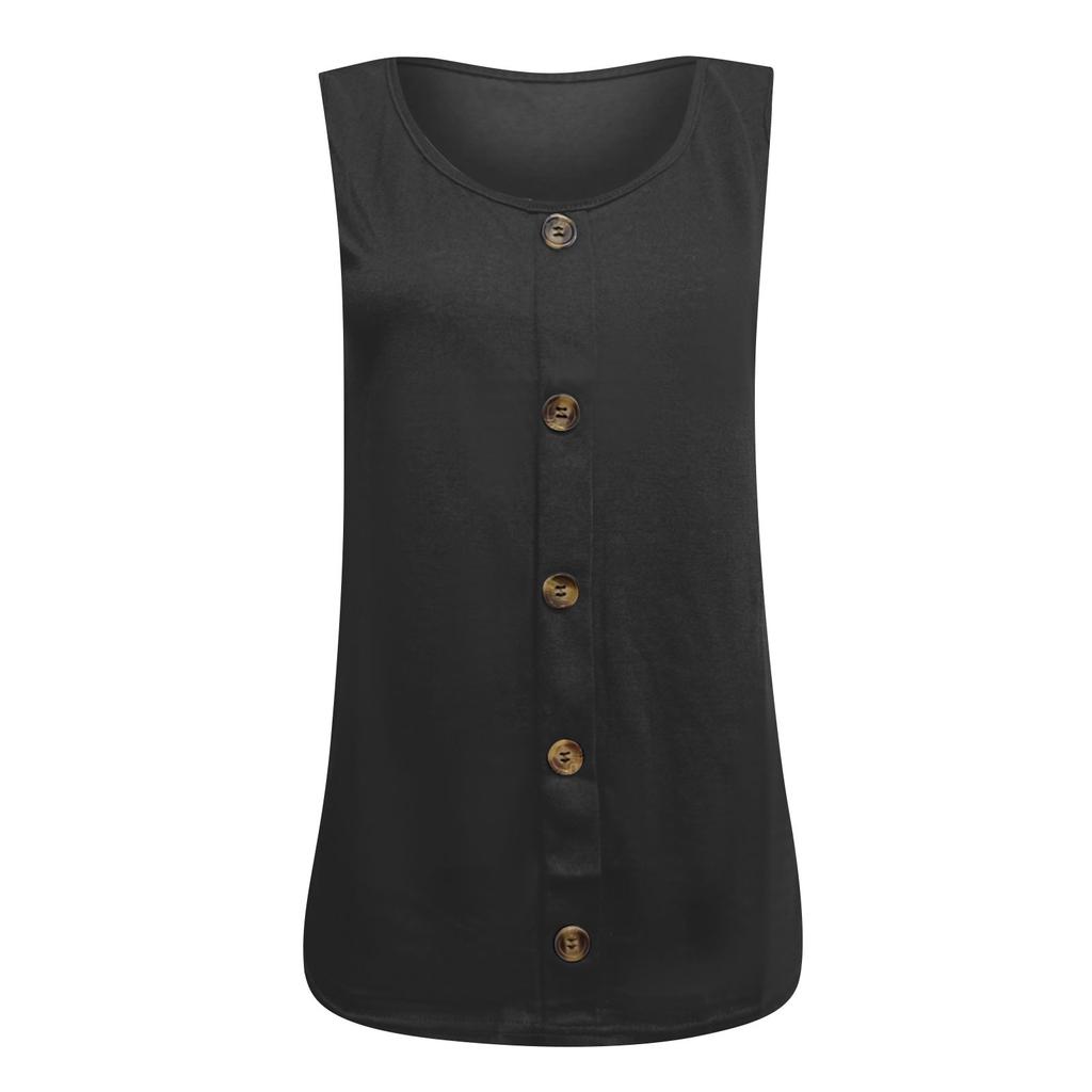 Women's Button Down Shirts Casual Round Neck Sleeveless Tank Top Solid Color Summer Loose Soft Basic Blouse Tee