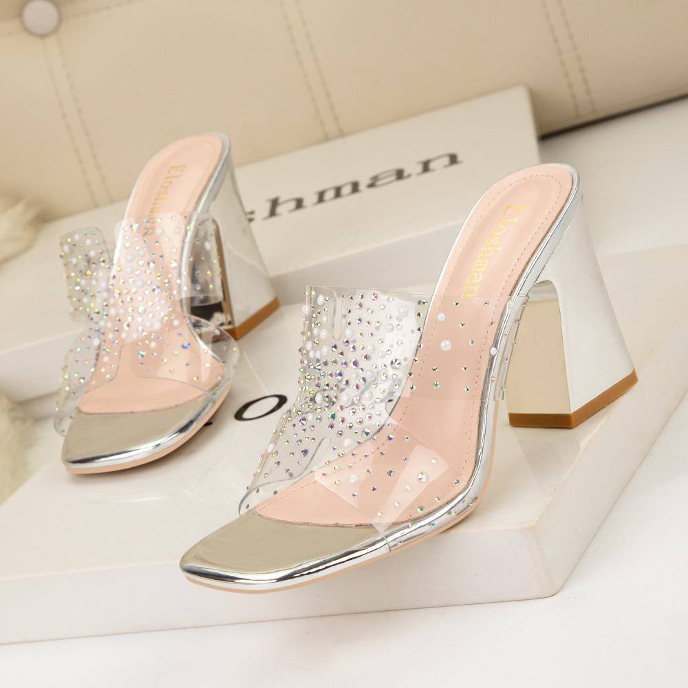 H rhinestone pearl square head thick heel + drag open-toed high heels transparent outer sandals women