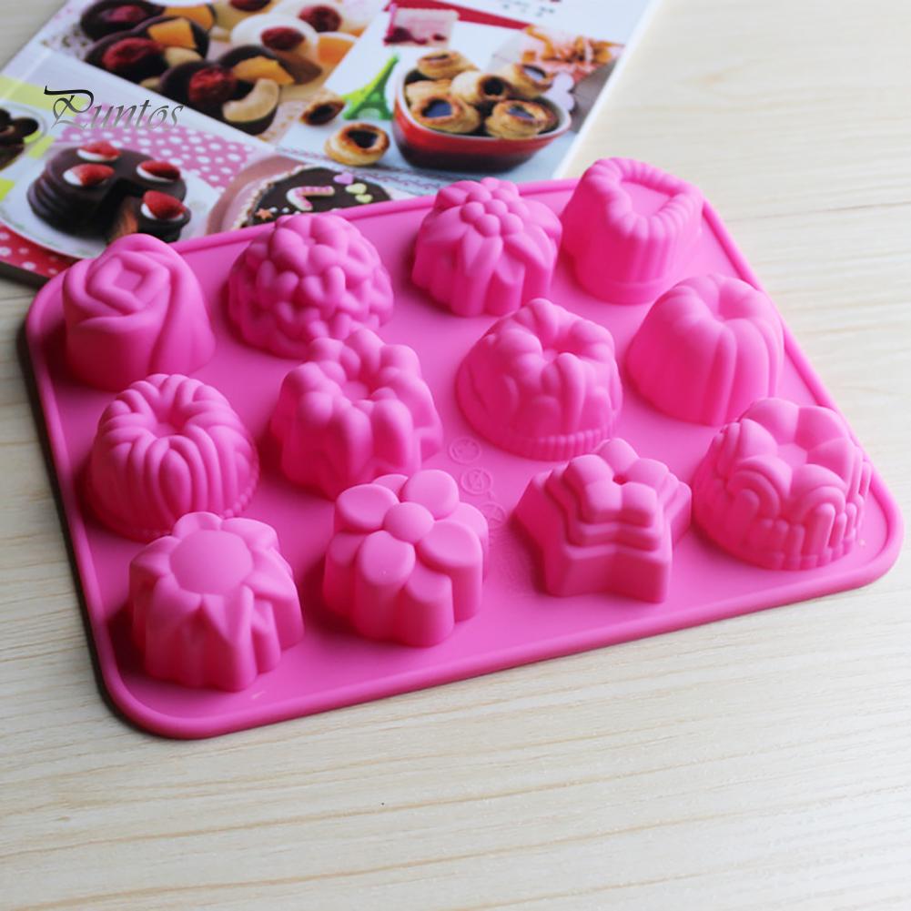 Puntos DIY Silikon 12 Löcher 3D Blume Fondant Schokolade Kuchen Süßigkeitenform Backwerkzeug