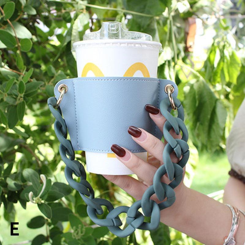 Fashion Custom Reusable Portable Leather Chain Cup Cover Case Takeaway Hold Milk Tea Drinks Coffee Cup Sleeves with Handle Chain