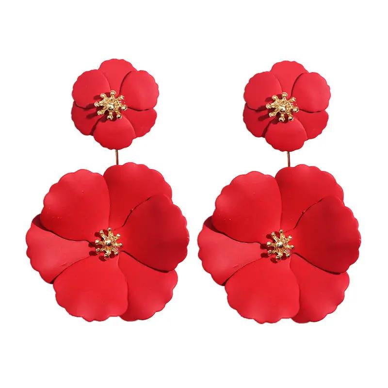 Double Layer Gold Metal Spray Flower Statement Drop Earrings For Women Party Fashion Jewelry Gift