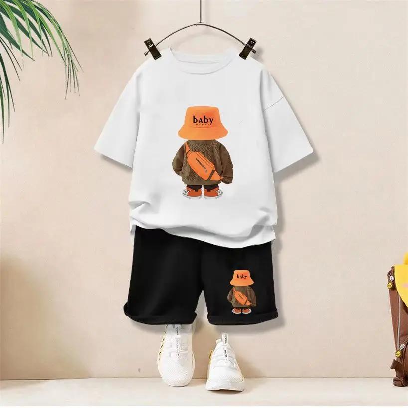 Summer Childrens Cartoon Bear Tshirt and Shorts Casual Sports Cotton Comfortable Set 100