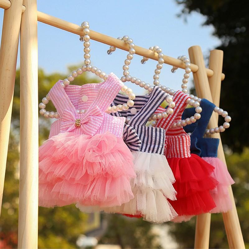 Dog Dress Girls Summer Clothes for Dogs Cat with Bowknot Clips Lace Striped Pet Suspenders Puppy Princess Dresses Dog Tutu Skirt