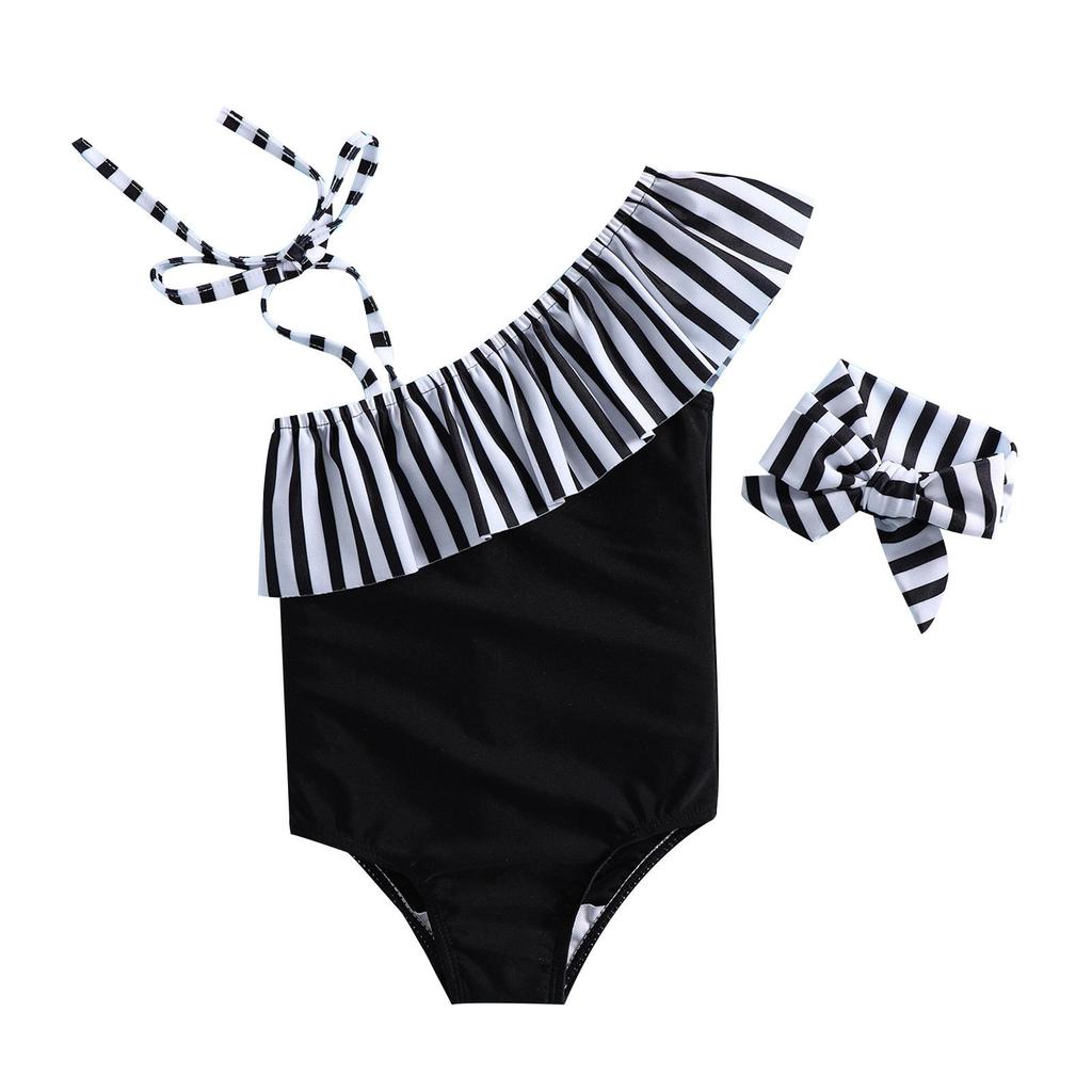 One-Shoulder Striped Swimsuit for Girls - Skirted Triangle One-Piece